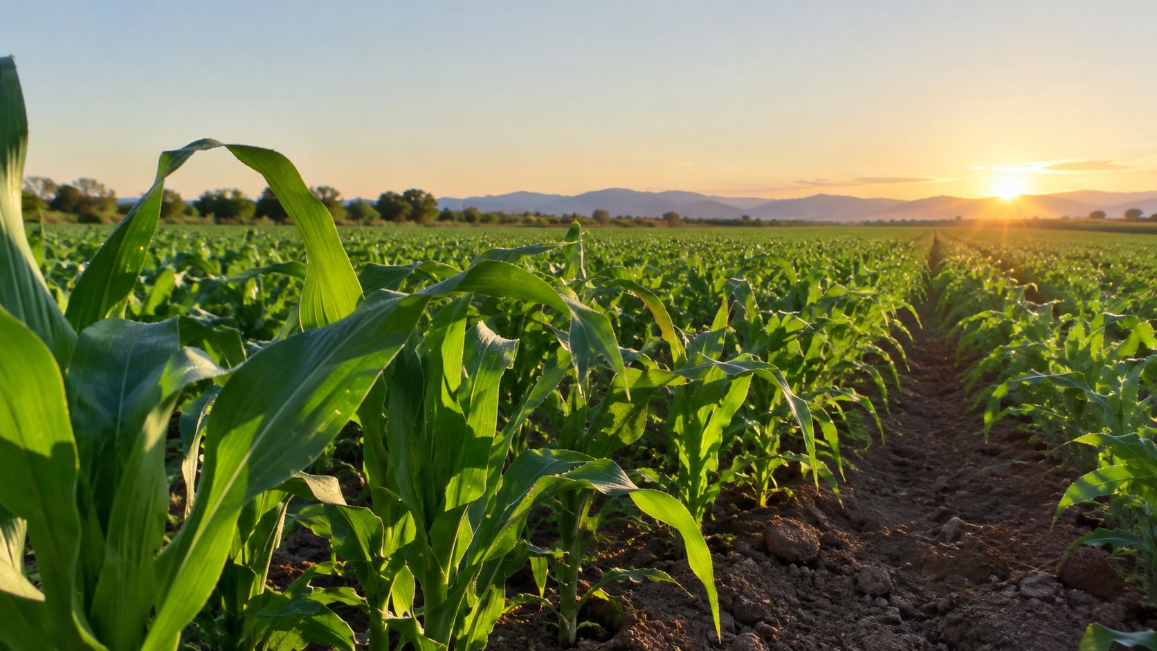 Rows of young corn running to the horizon, lit low by the setting sun over distant hills.