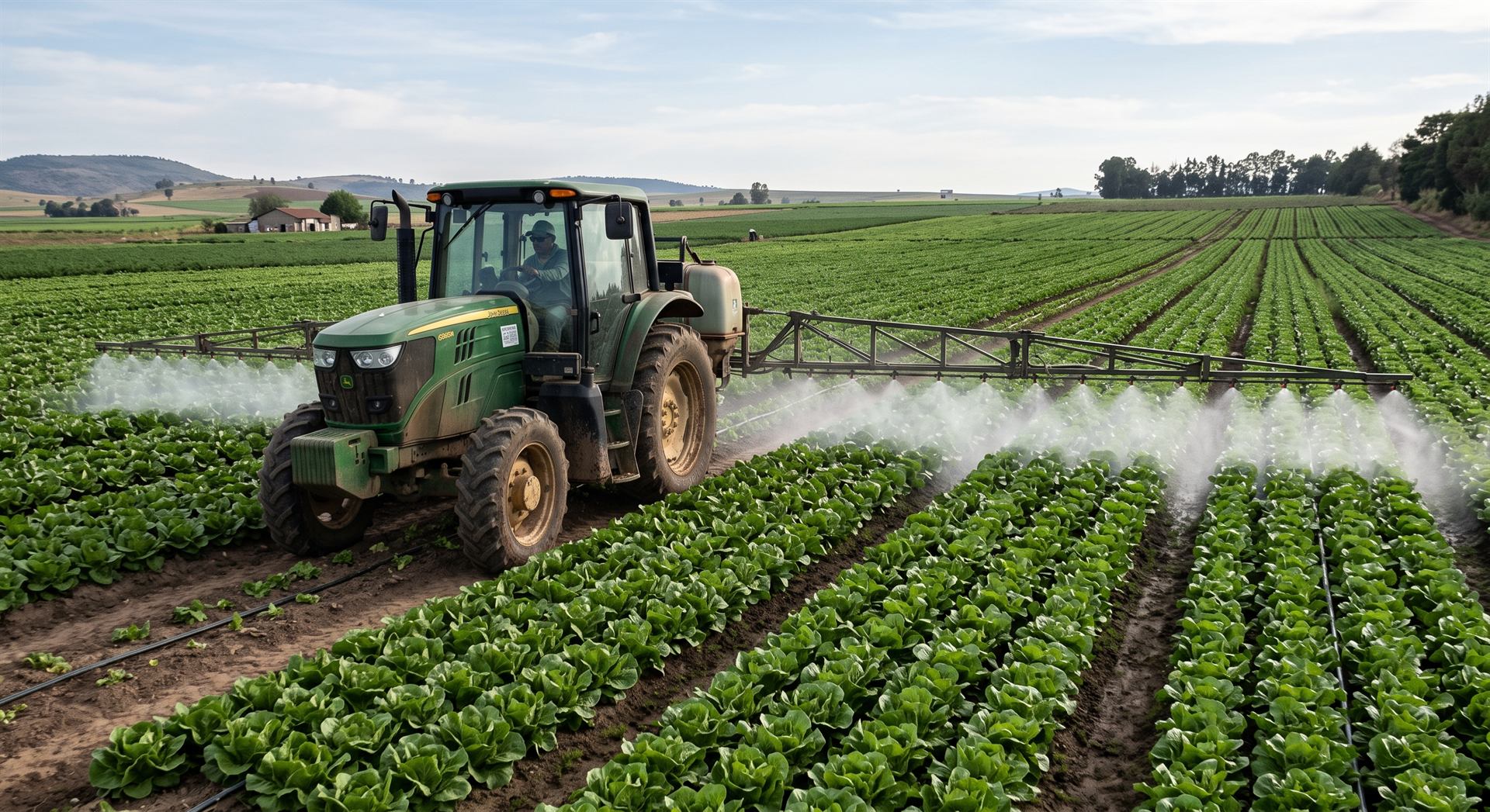A tractor pulls a wide spray boom across long rows of leafy green lettuce.