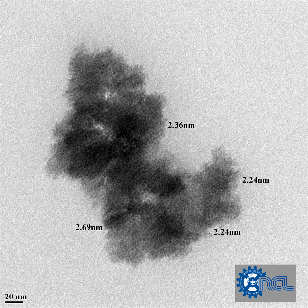 Transmission electron microscope image of the NanoThrive formulation, with four particles measured and labelled between 2.24 and 2.69 nanometers against a 20 nanometer scale bar.